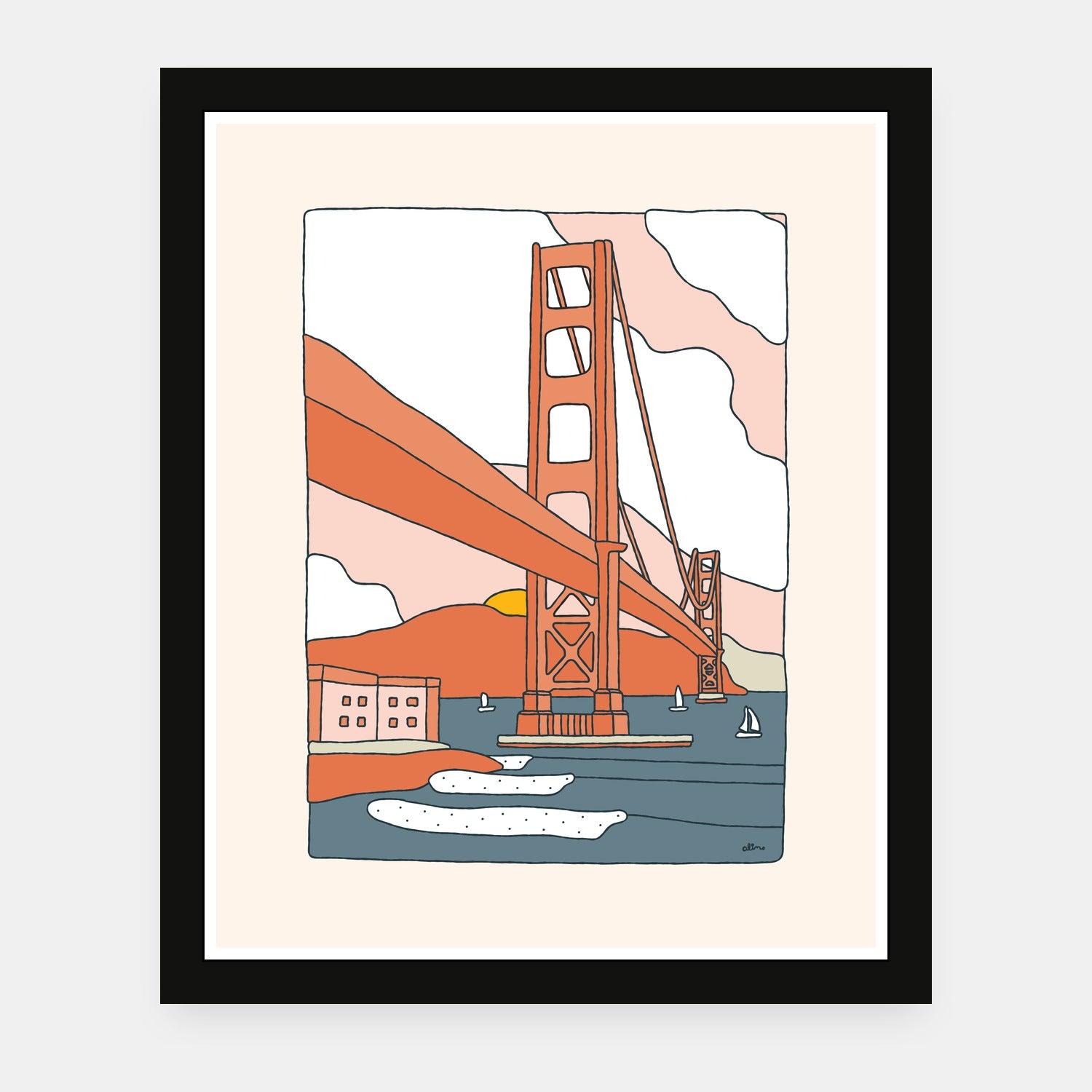 San Francisco art print by Alimo in black frame, Fort Point surf scene