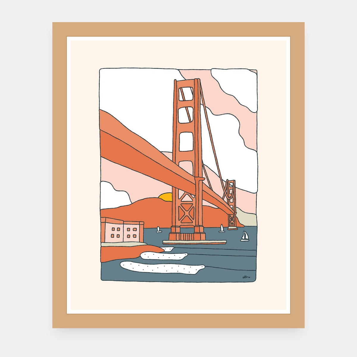San Francisco Alimo art print in a natural wood frame