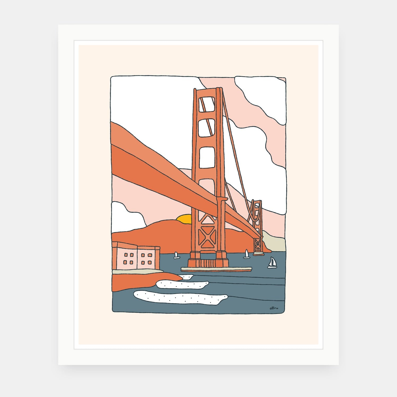 San Francisco art print by Alimo in white frame, California surf illustration