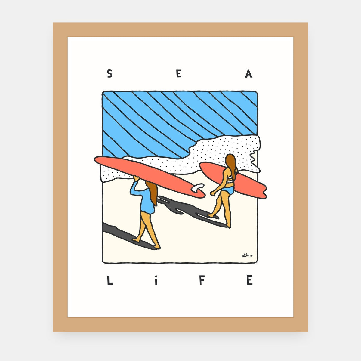 Sea Life Alimo art print in a natural wood frame