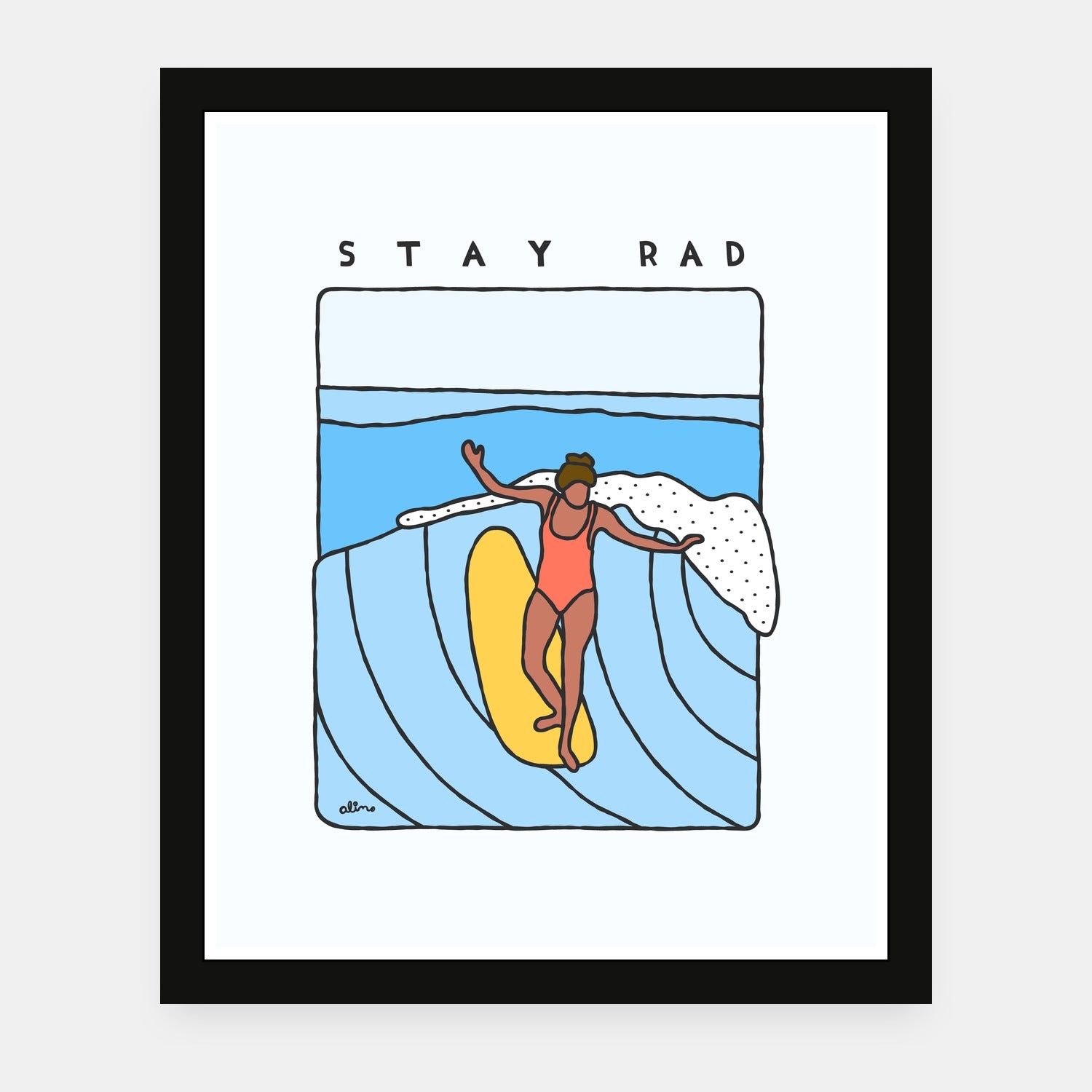 Stay Rad art print by Alimo in black frame, surf lifestyle scene