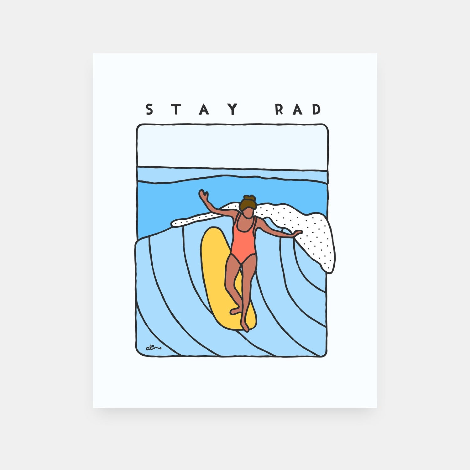 Stay Rad surf art print by Alimo, colorful water dancing scene