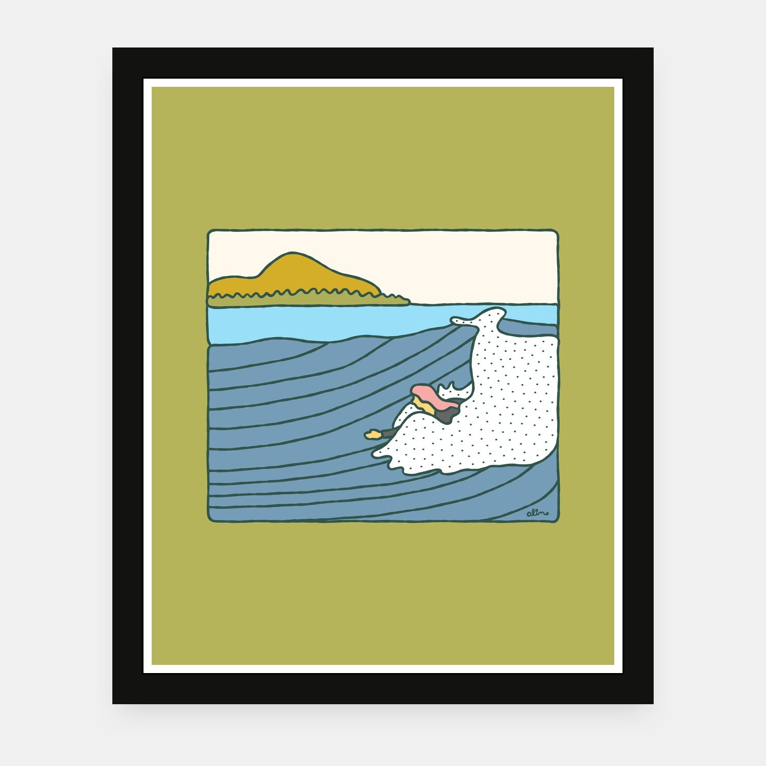 Sunday Funday art print by Alimo in black frame, beach fun scene