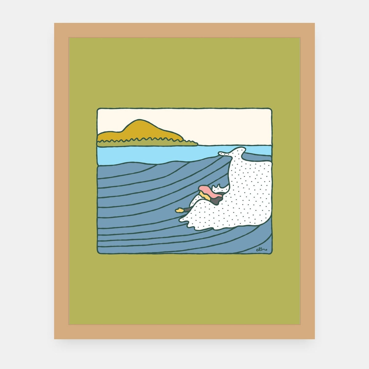 Sunday Funday Alimo art print in a natural wood frame