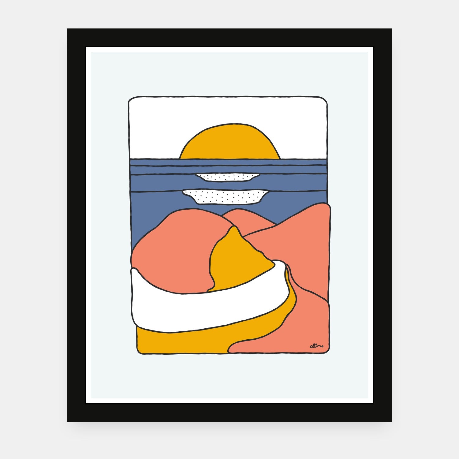 The End of the Beginning art print by Alimo in black frame, road trip scene