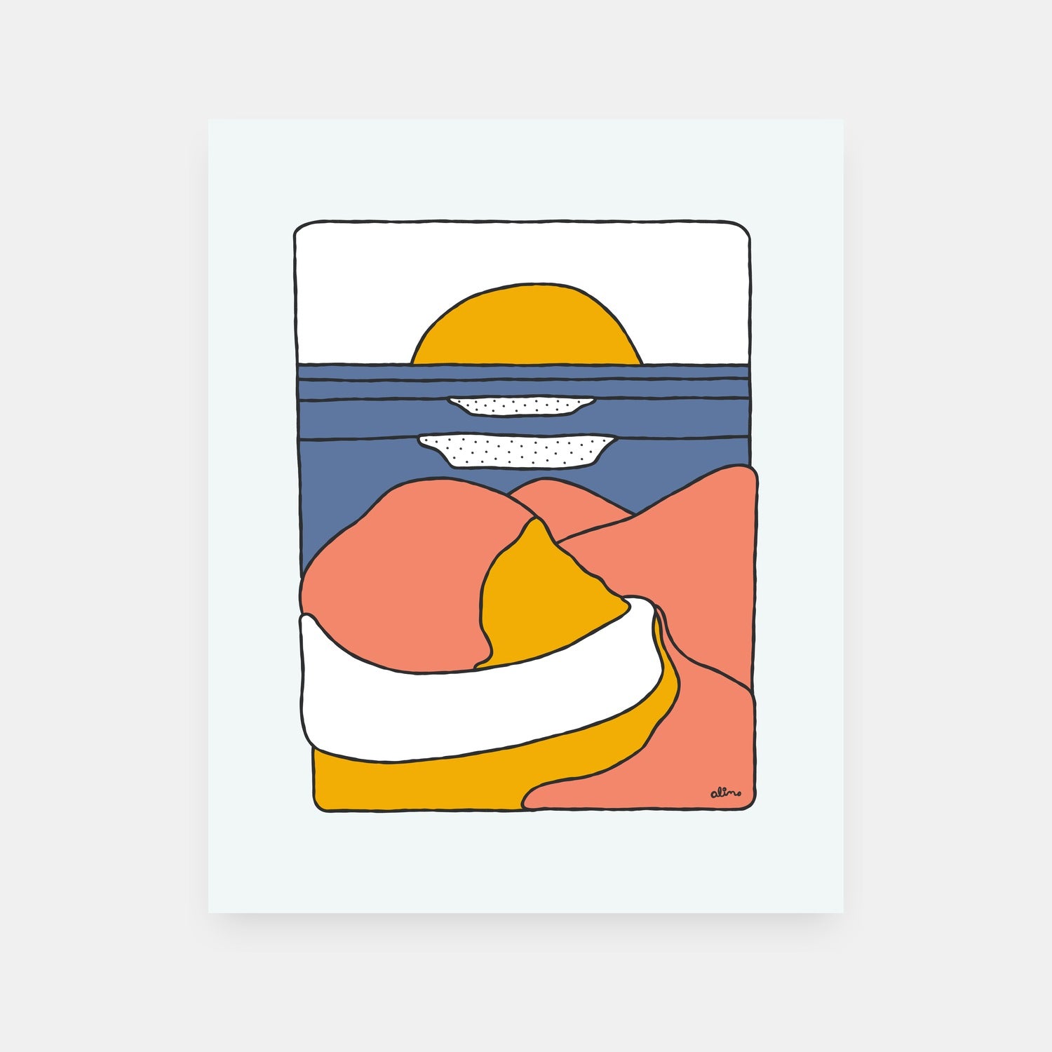 The End of the Beginning road trip art print by Alimo, colorful coastal drive scene
