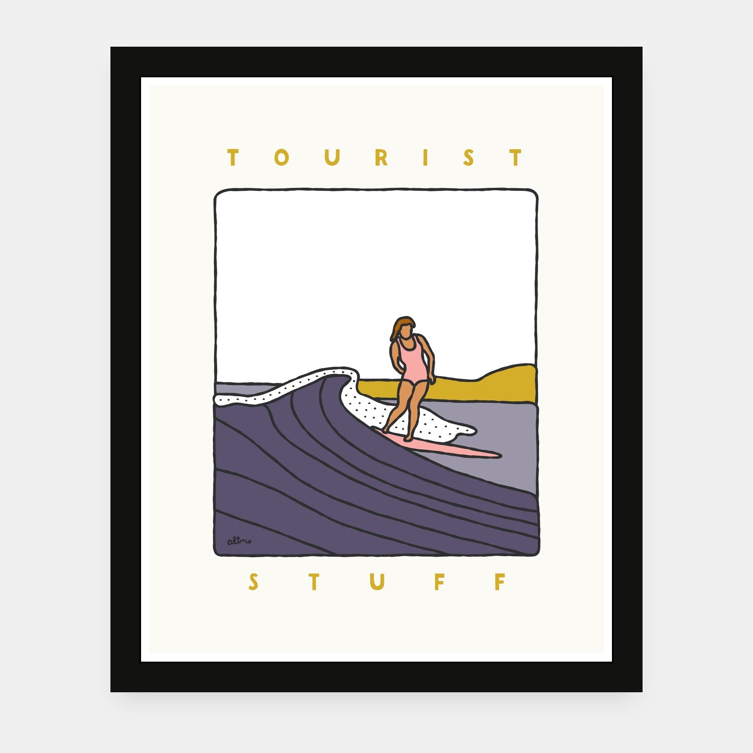 Tourist Stuff art print by Alimo in black frame, seaside adventure scene