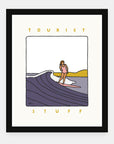 Tourist Stuff art print by Alimo in black frame, seaside adventure scene