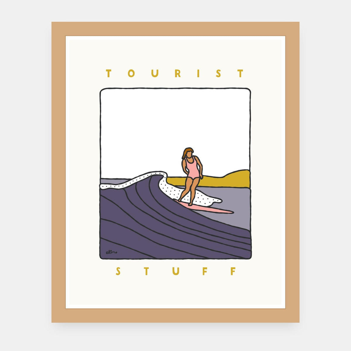 Tourist Stuff Alimo art print in a natural wood frame
