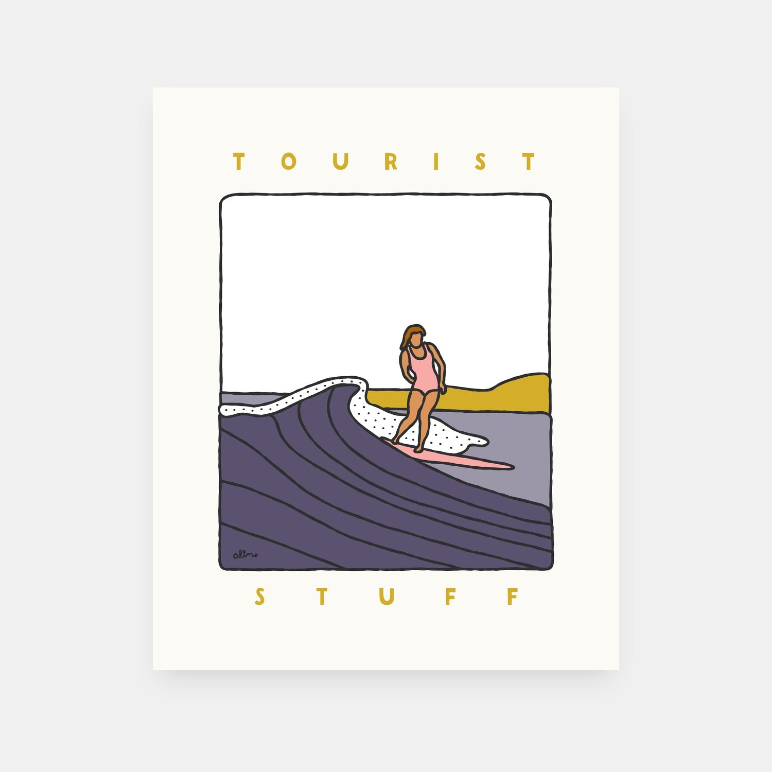 Tourist Stuff surf art print by Alimo, colorful beach exploration scene