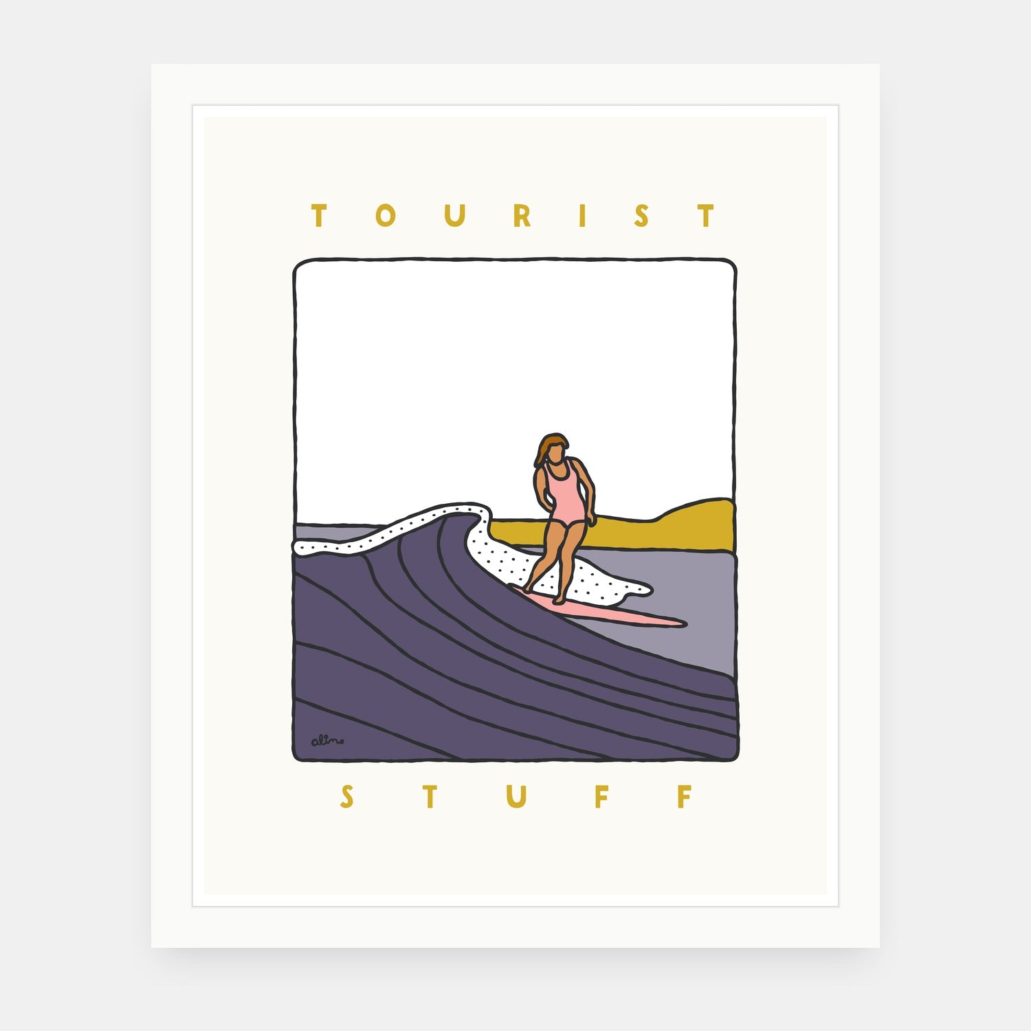 Tourist Stuff art print by Alimo in white frame, coastal travel illustration