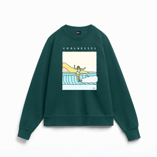Coolnesss organic French terry crewneck sweatshirt in Pine with Alimo surfing artwork