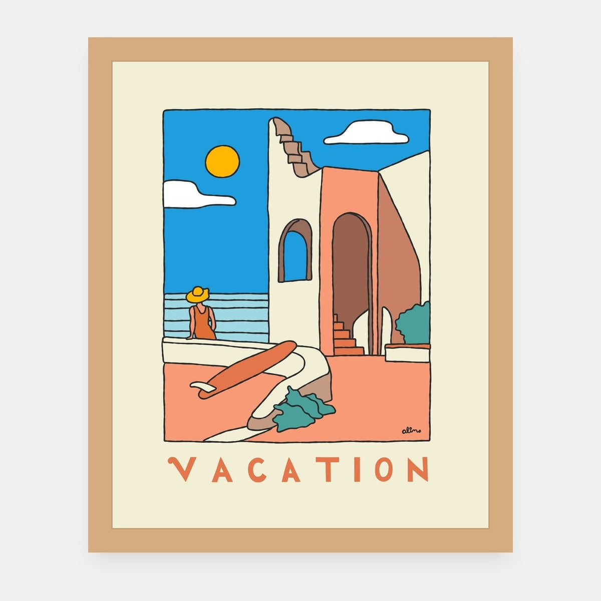 Vacation Alimo art print in a natural wood frame