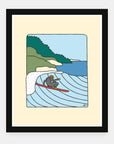 Wetsuit Lounging art print by Alimo in black frame, laid-back surf scene