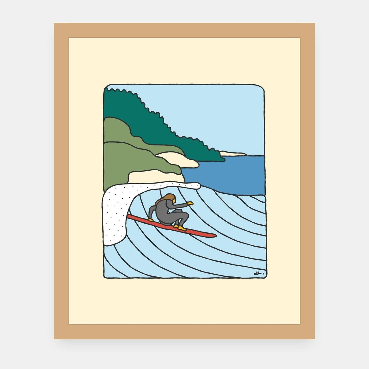 Wetsuit Lounging Alimo art print in a natural wood frame
