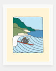 Wetsuit Lounging art print by Alimo in white frame, surf lifestyle illustration