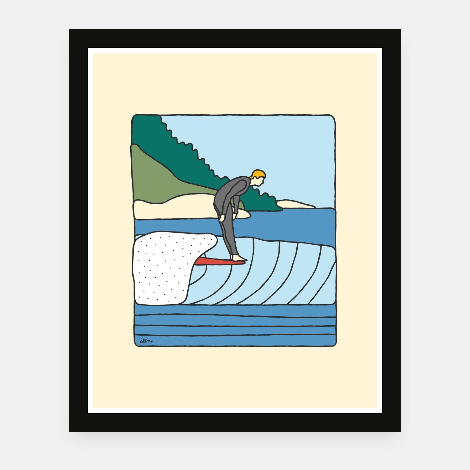Yoga Practice art print by Alimo in black frame, yoga and wellness scene