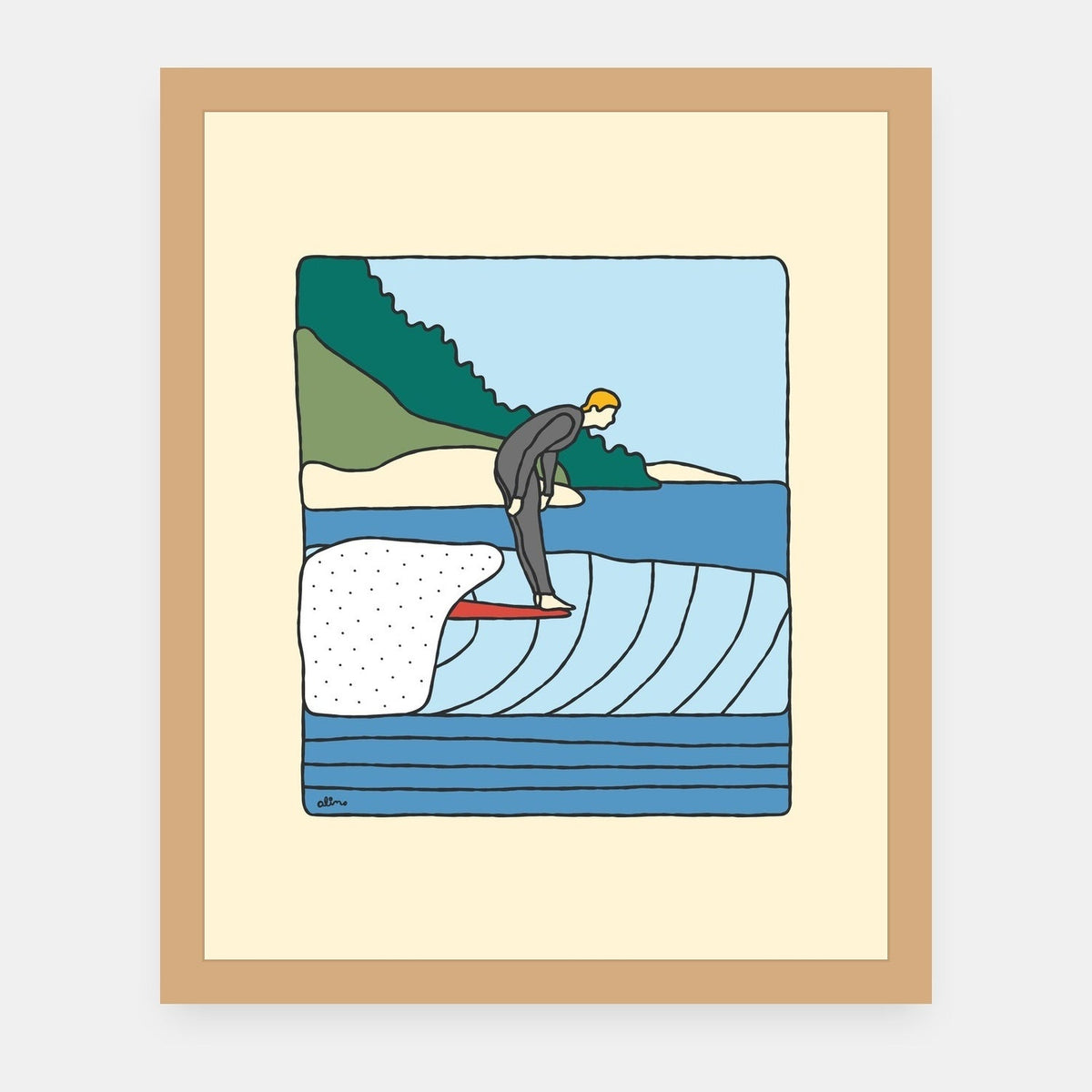 Yoga Practice Alimo art print in a natural wood frame