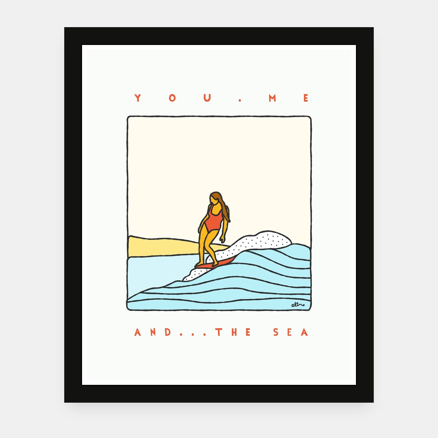 You Me And The Sea art print by Alimo in black frame, ocean love scene