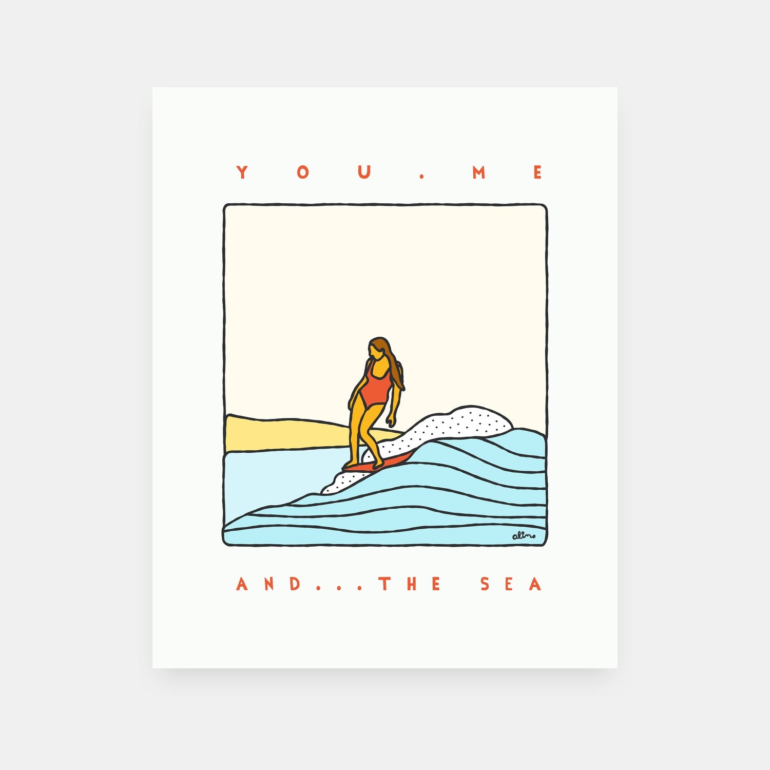 You Me And The Sea romantic beach art print by Alimo, couple at ocean