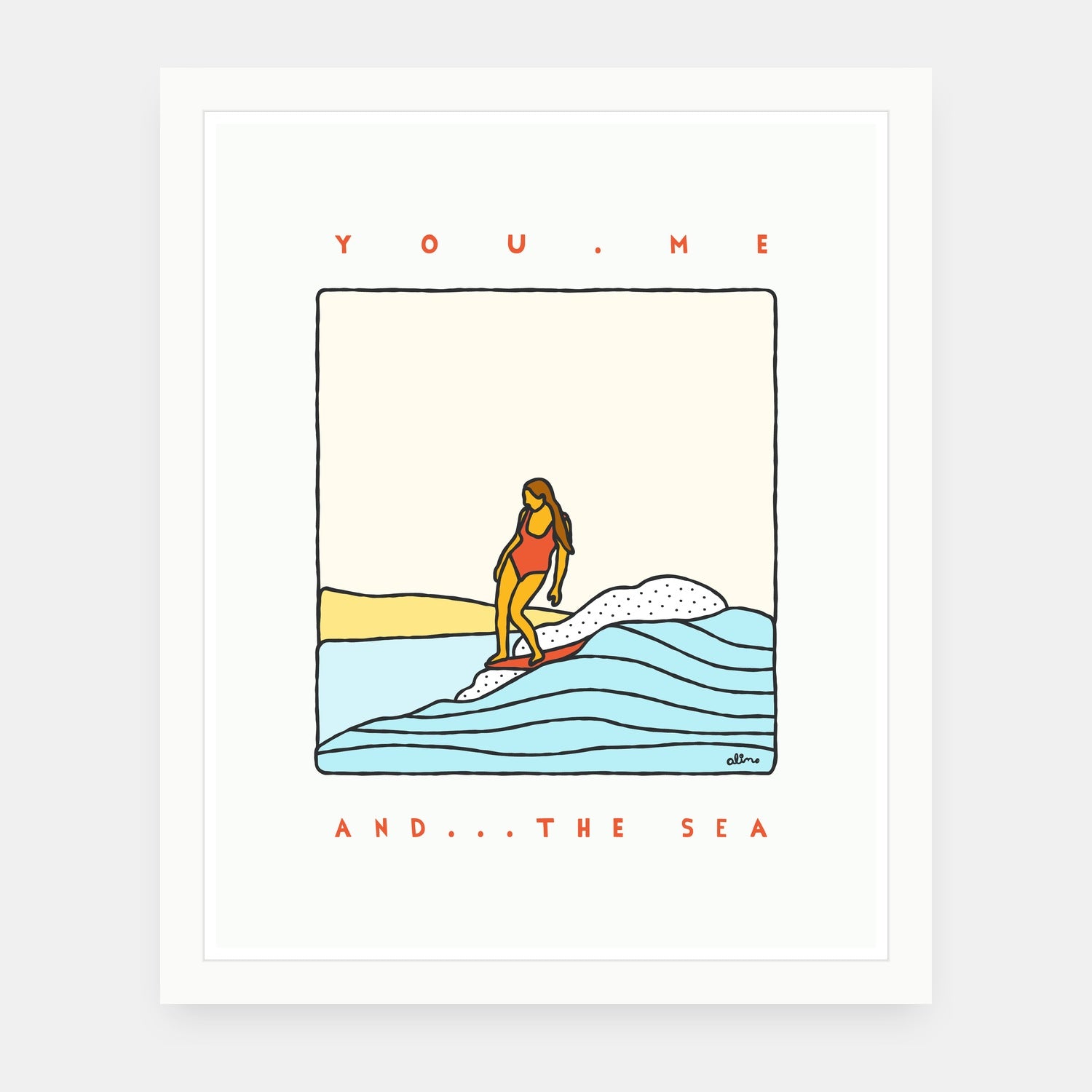 You Me And The Sea art print by Alimo in white frame, beach date illustration