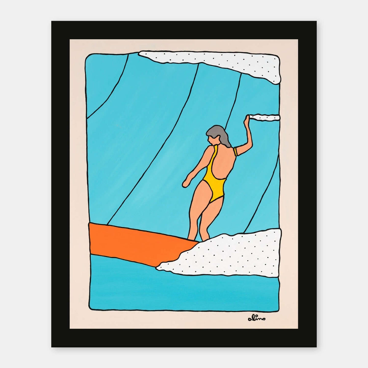 Aloha Line surf art print by Alimo in black wood frame, a lone surfer riding a big glassy wave. Ocean wall art for coastal home decor.