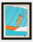 Aloha Line surf art print by Alimo in black wood frame, a lone surfer riding a big glassy wave. Ocean wall art for coastal home decor.
