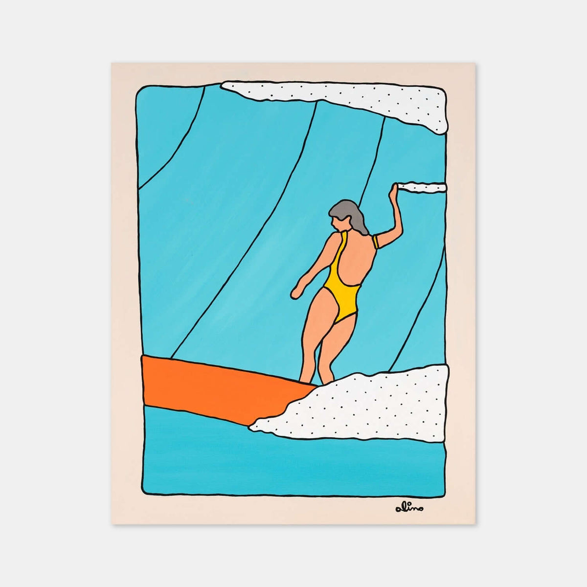 Aloha Line surf art print by Alimo, a lone surfer riding a big glassy wave. Premium ocean wall art for coastal home decor.