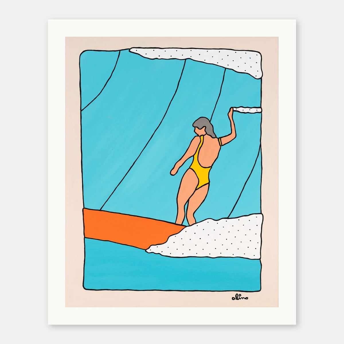 Aloha Line surf art print by Alimo in white wood frame, a lone surfer riding a big glassy wave. Ocean wall art for coastal home decor.