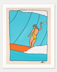 Aloha Line surf art print by Alimo in white wood frame, a lone surfer riding a big glassy wave. Ocean wall art for coastal home decor.