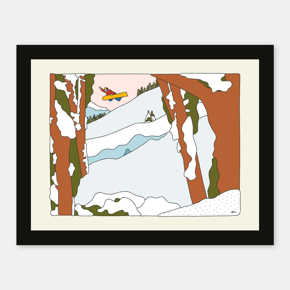 Backside Booter art print by Alimo in black frame, snowboarding wall art