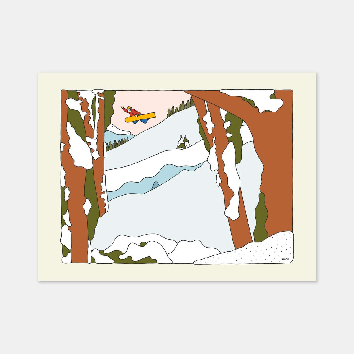 Backside Booter snowboard art print by Alimo, backcountry snowboarding illustration