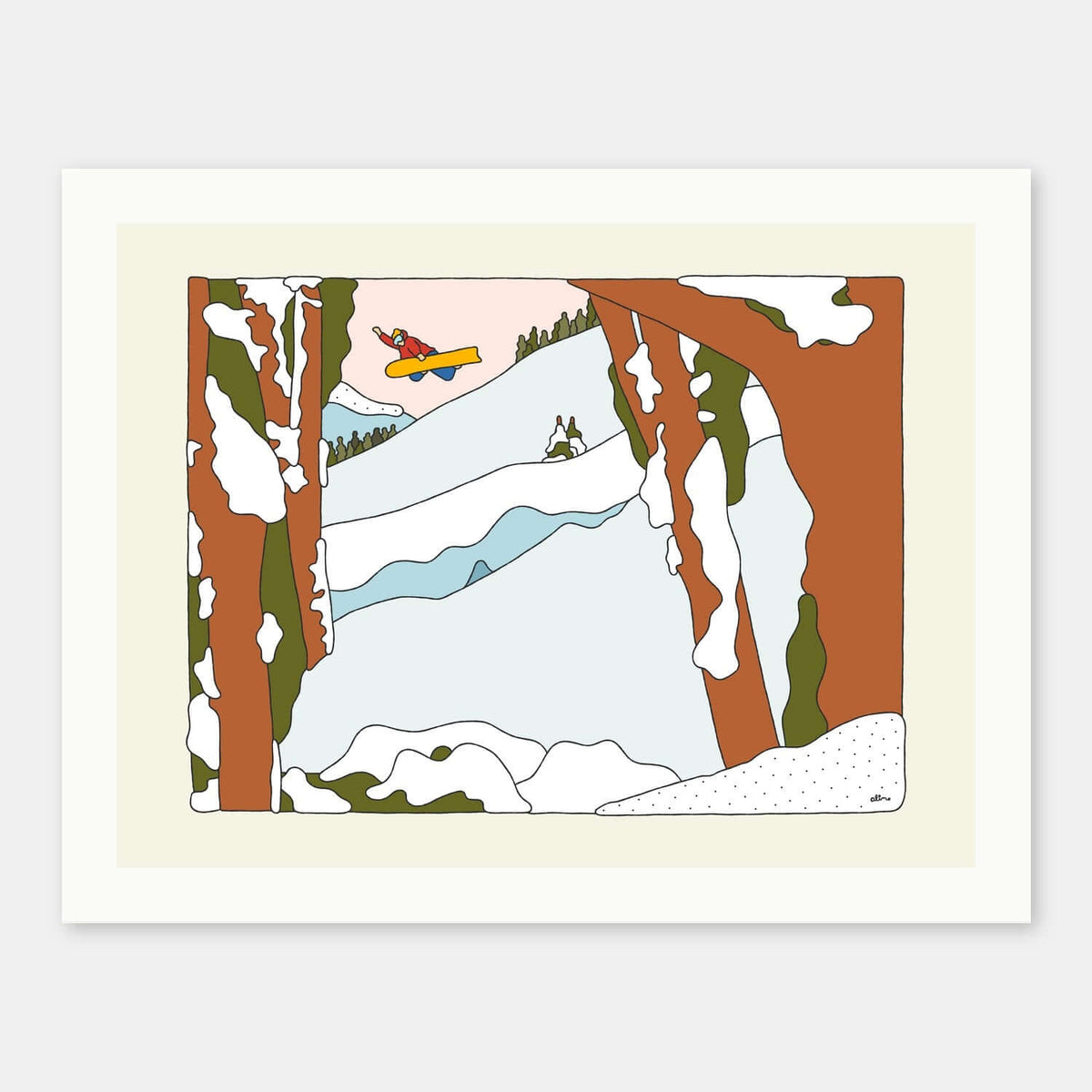 Backside Booter art print by Alimo in white frame, winter mountain wall art