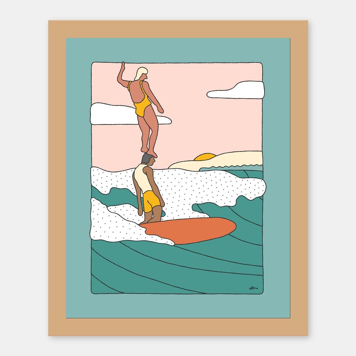 Balance Friends Alimo art print in a natural wood frame