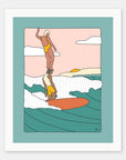 Balance Friends art print by Alimo in white frame, party surf illustration