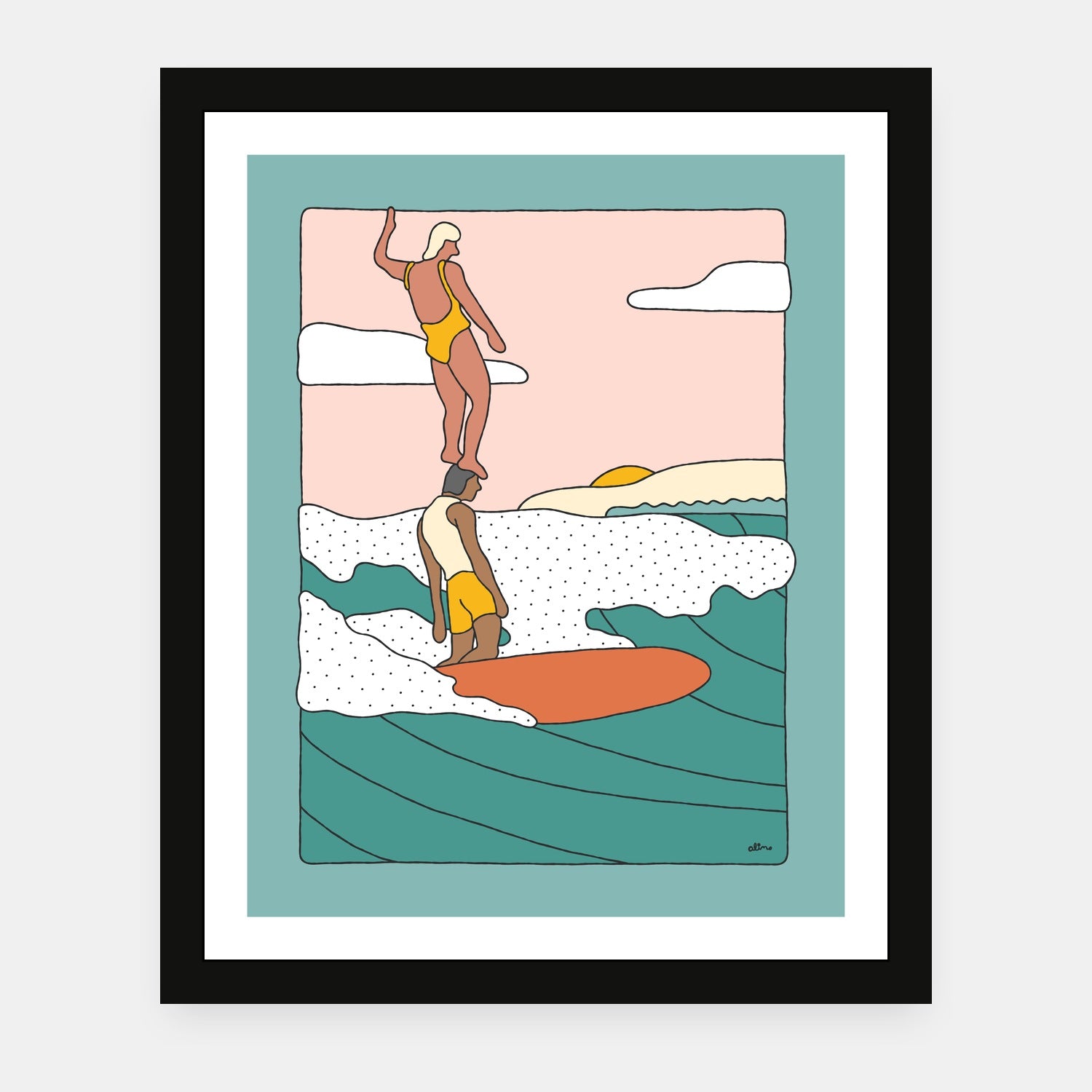 Balance Friends art print by Alimo in black frame, community scene
