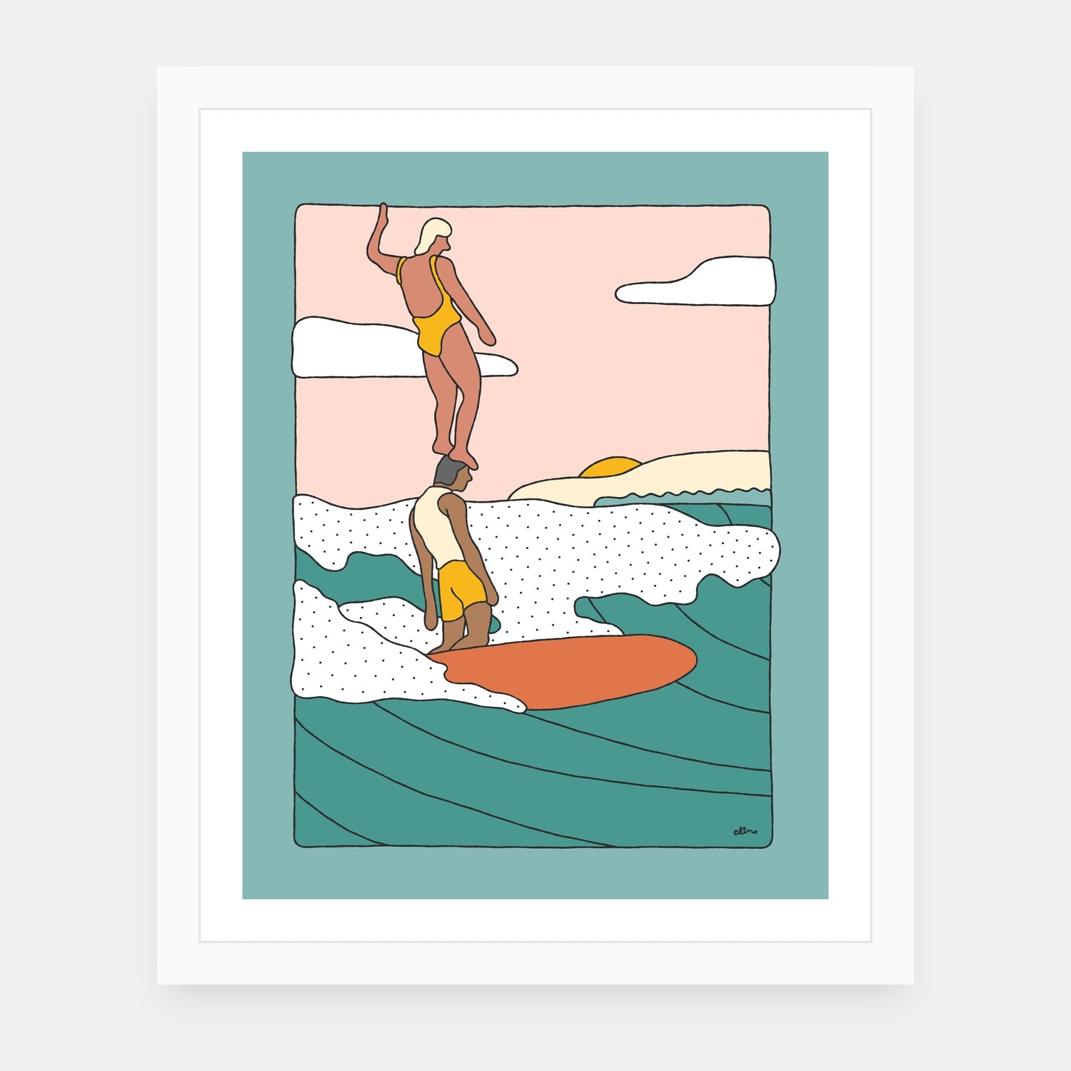 Balance Friends art print by Alimo in white frame, friends illustration