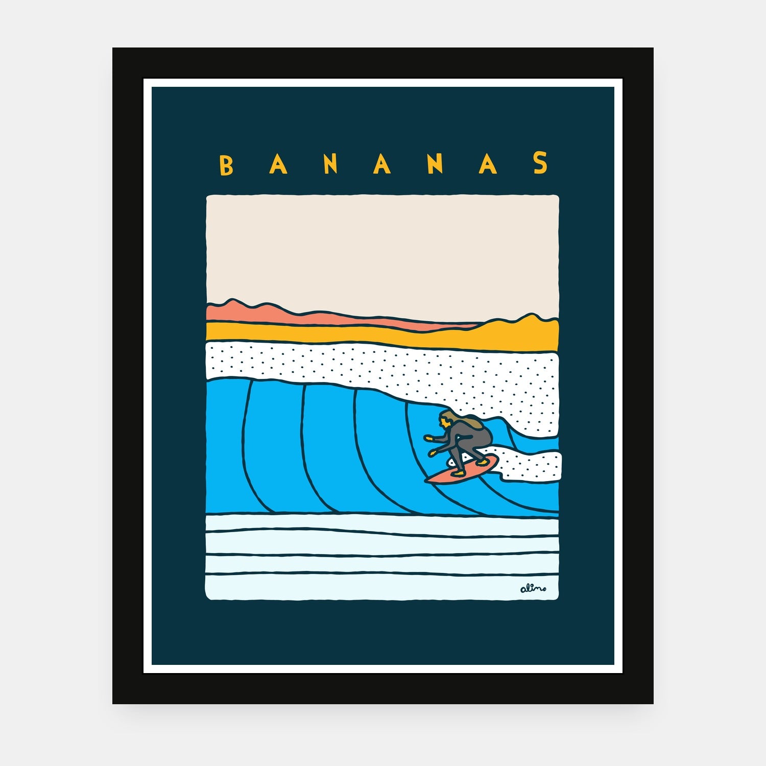 Bananas art print by Alimo in black frame, bold banana pop art