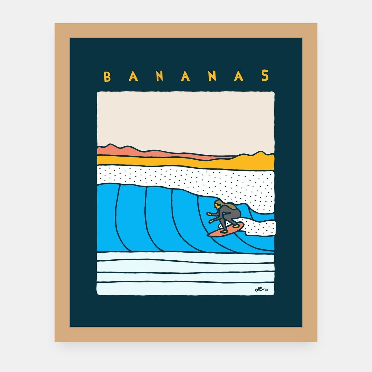 Bananas Alimo art print in a natural wood frame