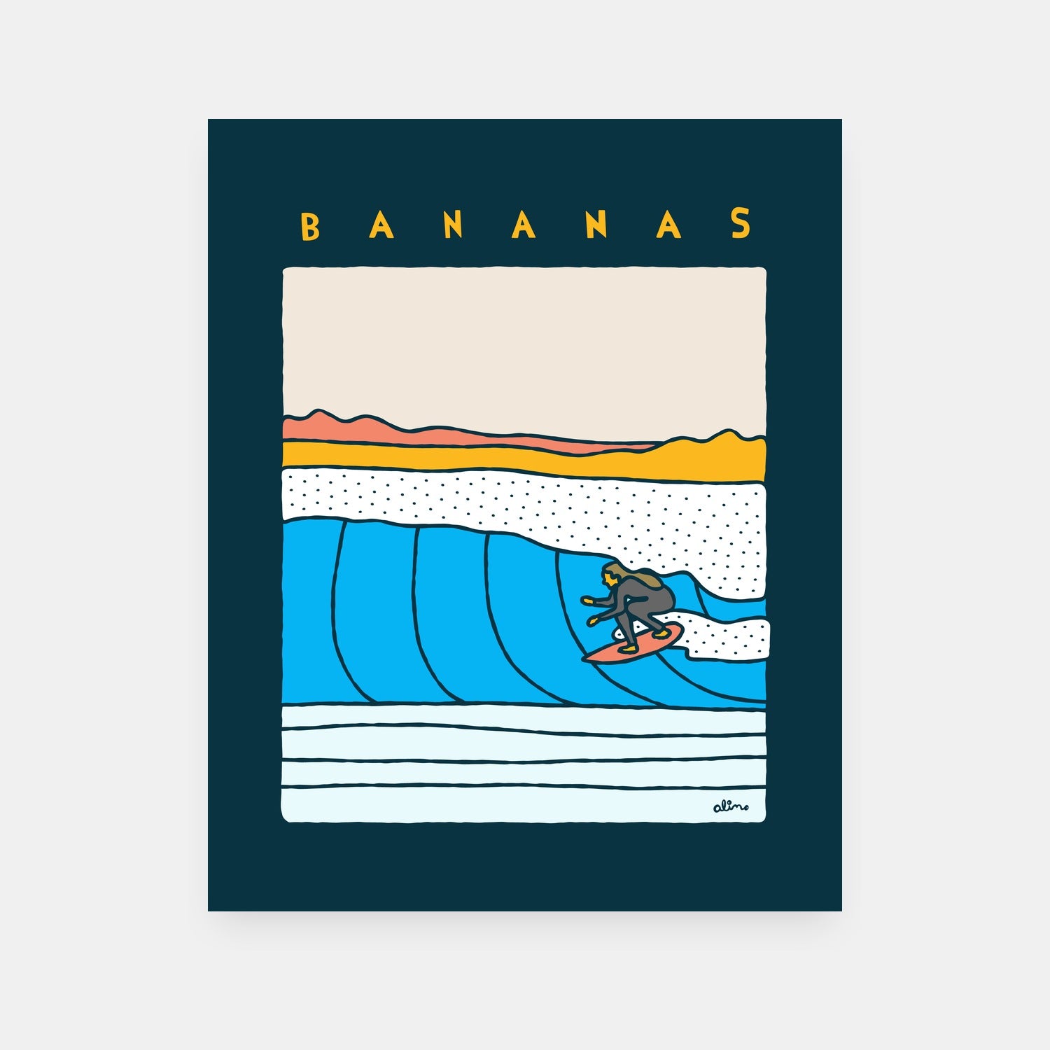 Bananas colorful art print by Alimo, playful tropical pop art scene