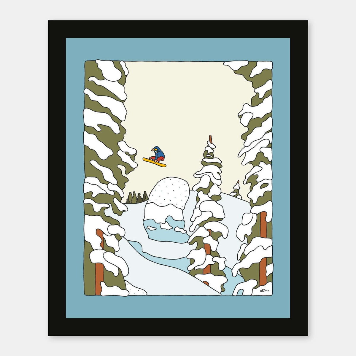Booter Pillow art print by Alimo in black frame, snowboarding wall art