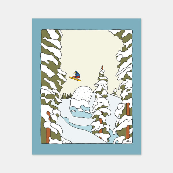 Booter Pillow snowboard art print by Alimo, backcountry snowboarding illustration