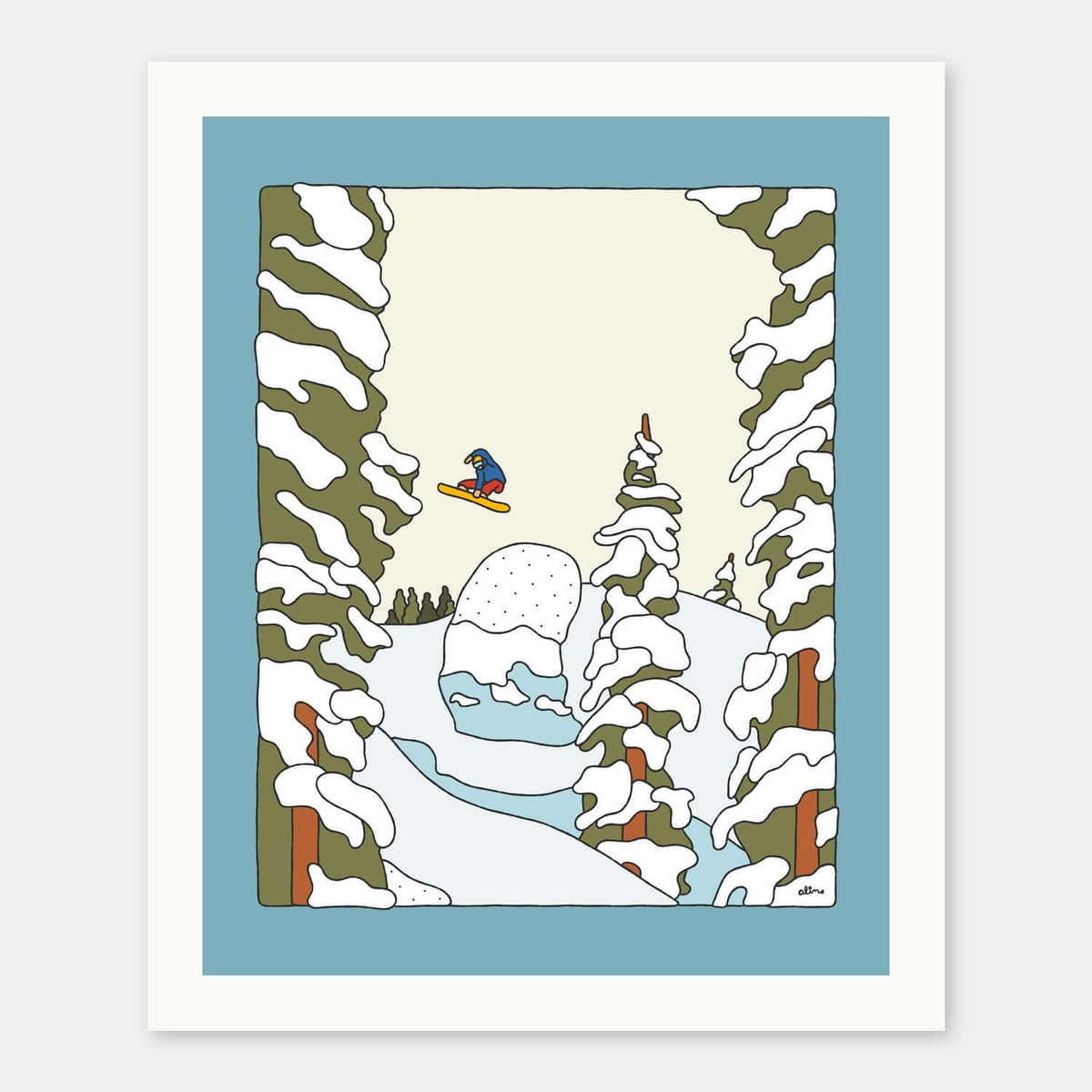 Booter Pillow art print by Alimo in white frame, winter mountain wall art