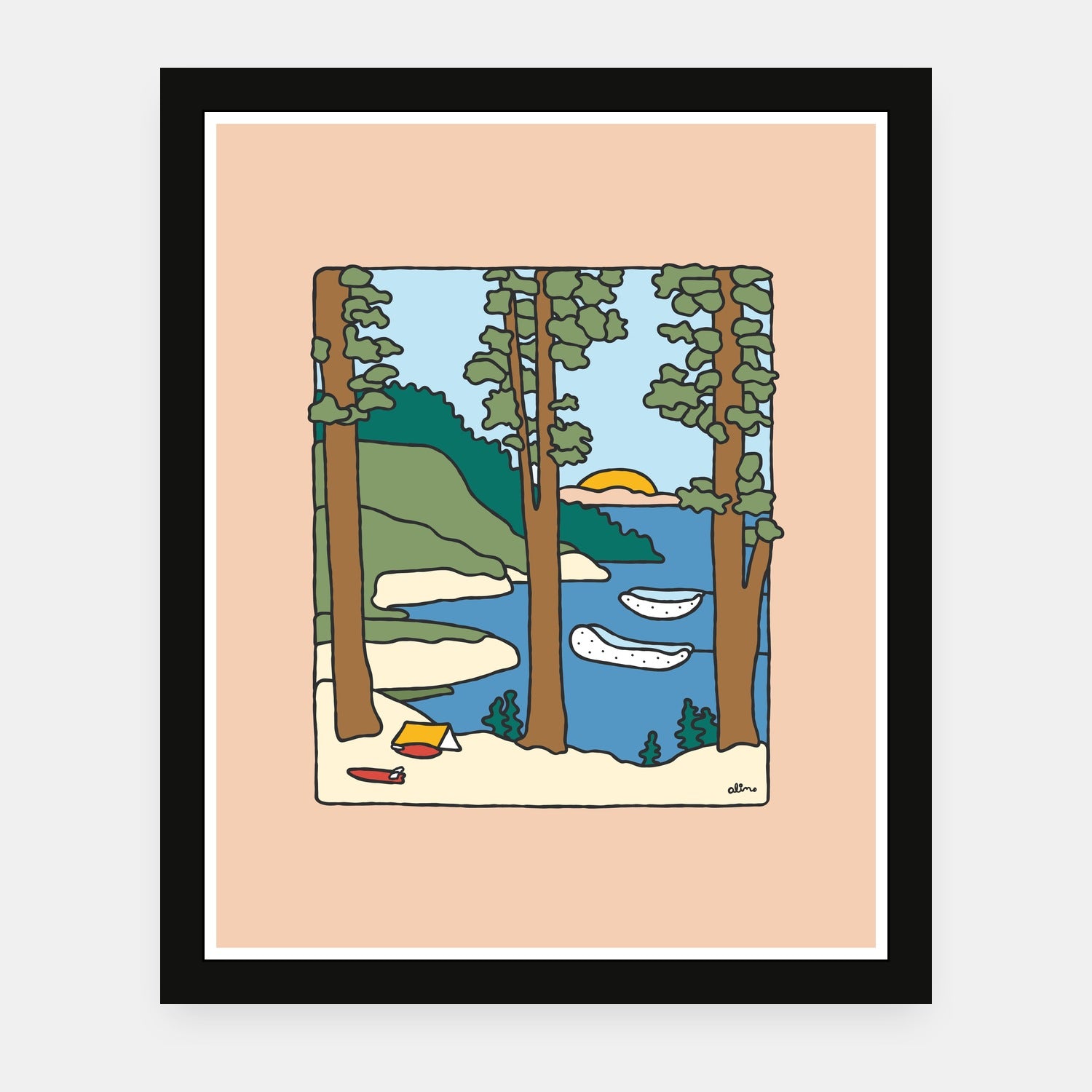 Camp Dreams art print by Alimo in black frame, nature campsite scene