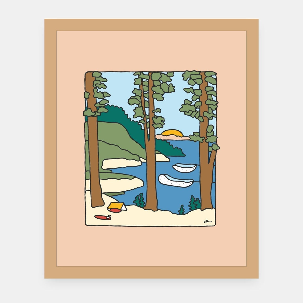 Camp Dreams Alimo art print in a natural wood frame