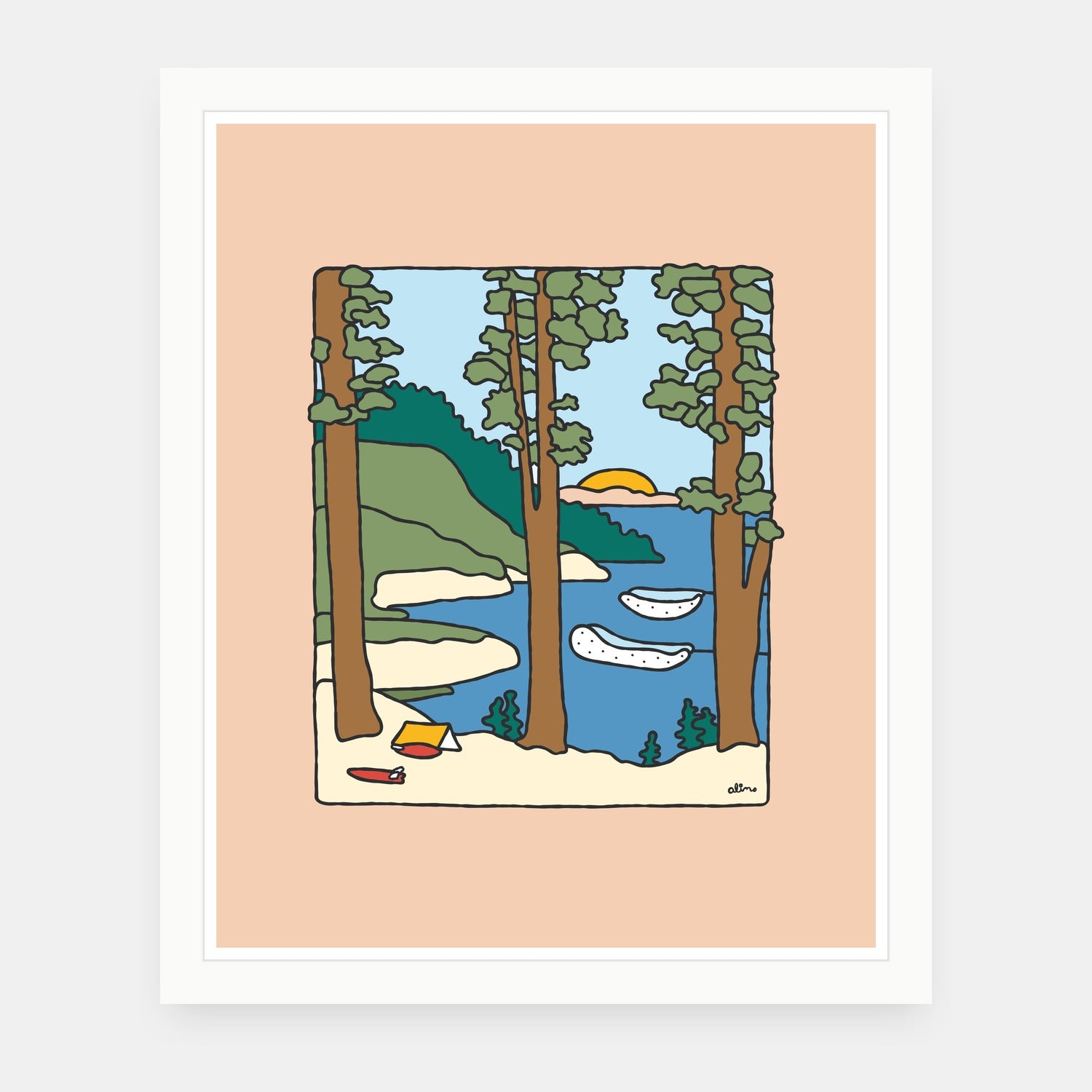 Camp Dreams art print by Alimo in white frame, camping dream illustration