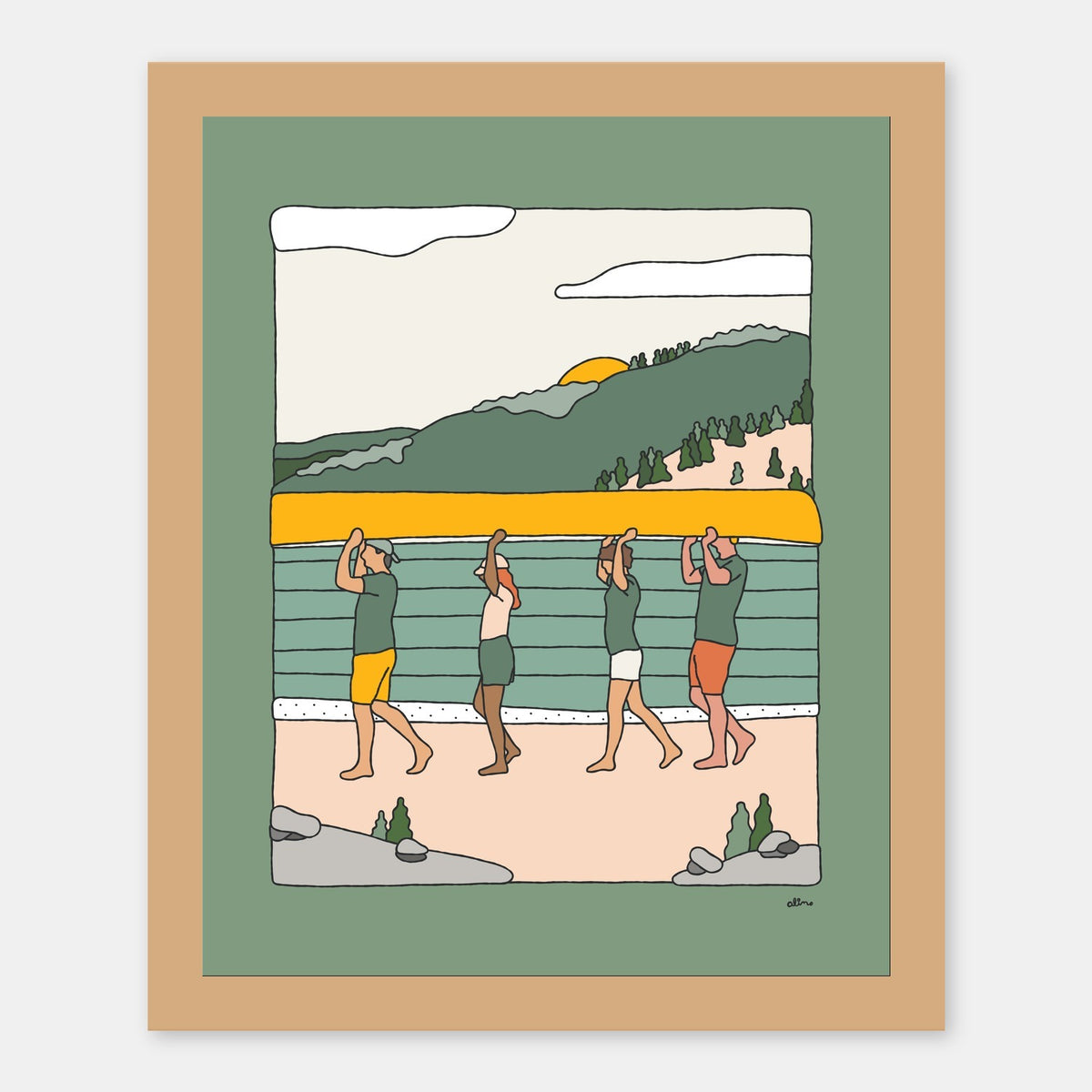 Canoe Time Alimo art print in a natural wood frame