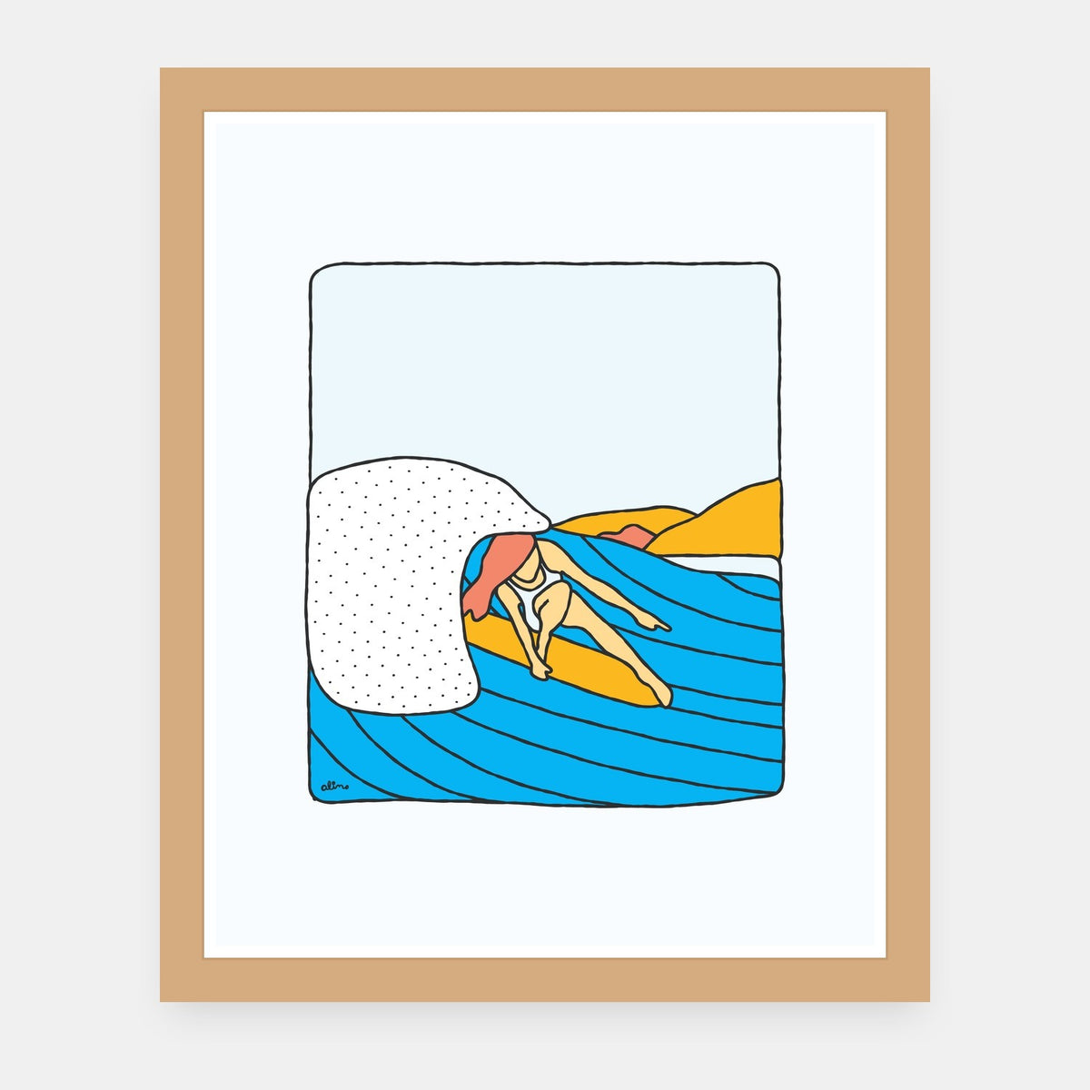 Chillax to the Max Alimo art print in a natural wood frame