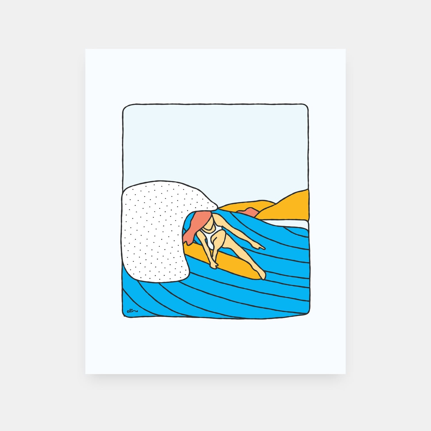 Chillax to the Max surf art print by Alimo, colorful relaxed beach scene