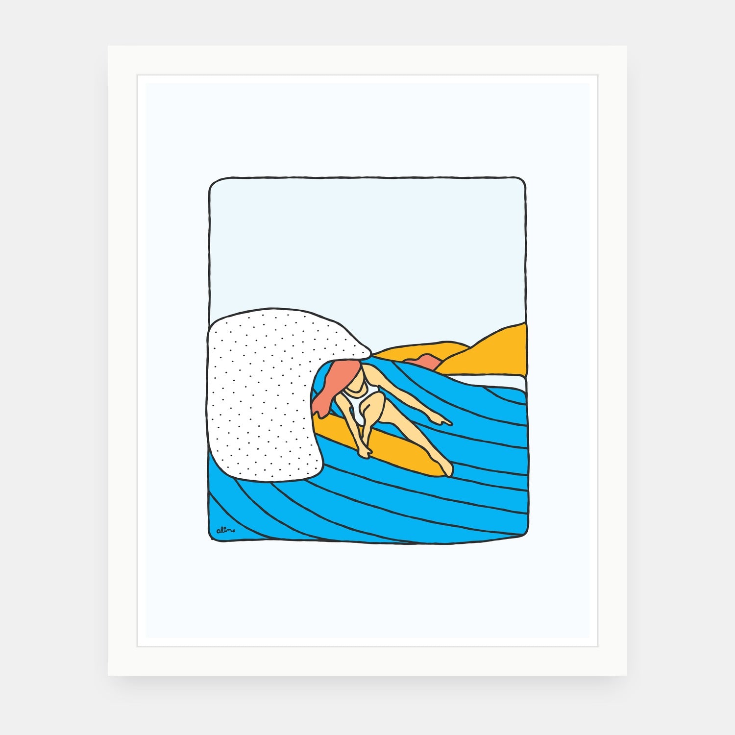 Chillax to the Max art print by Alimo in white frame, chill surf illustration